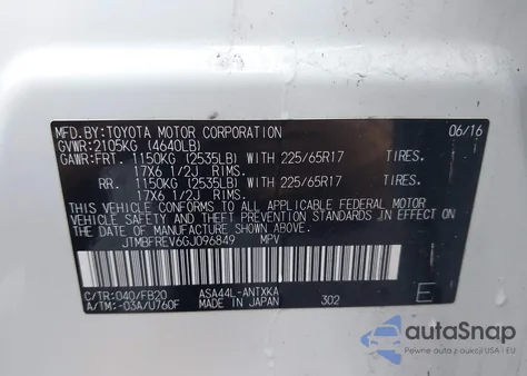 2016 Toyota Rav4 Le z USA, uszkodzony, nr VIN JTMBFREV6GJ096849